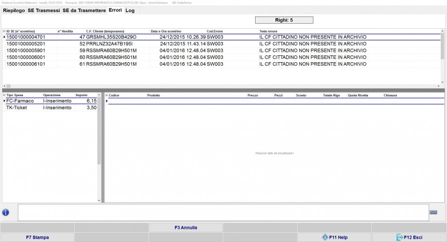 Finestra di riepilogo Errori S.E. inviati