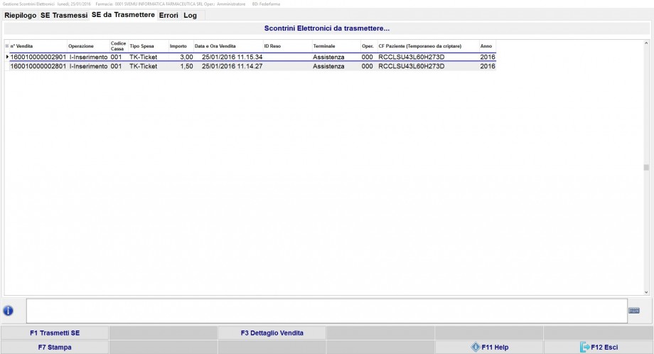 Finestra di riepilogo S.E. da trasmettere