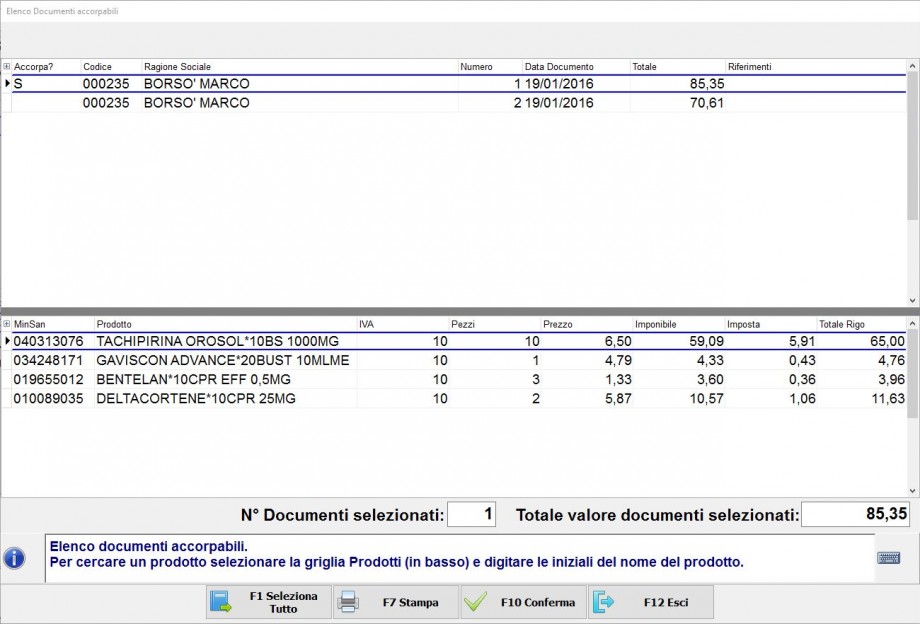 Selezione documenti DDT da accorpare