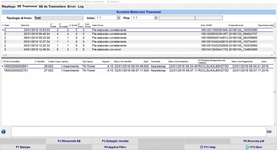 Finestra di riepilogo S.E. trasmessi