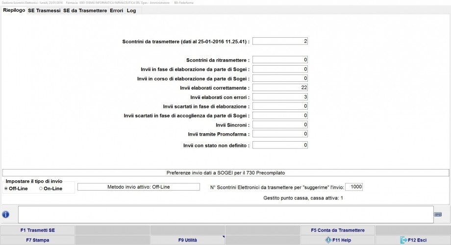 Finestra di riepilogo per gestione invii S.E.