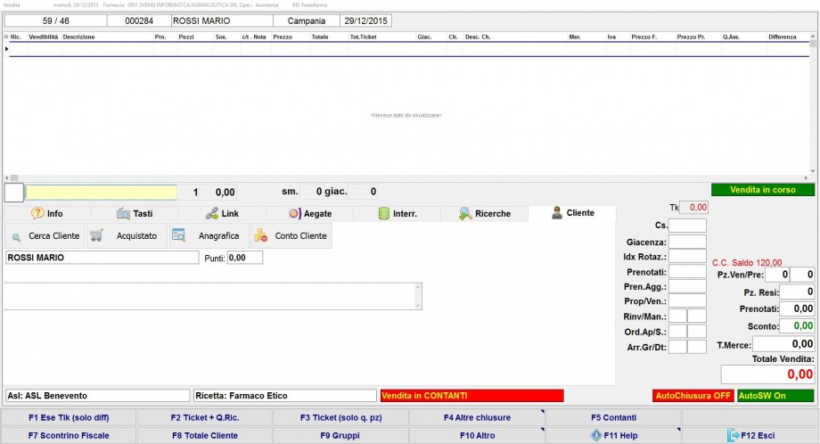 Schermata Conto Cliente in vendita