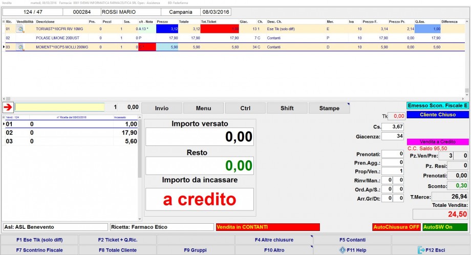 Schermata Conto Cliente in vendita con saldo aggiornato