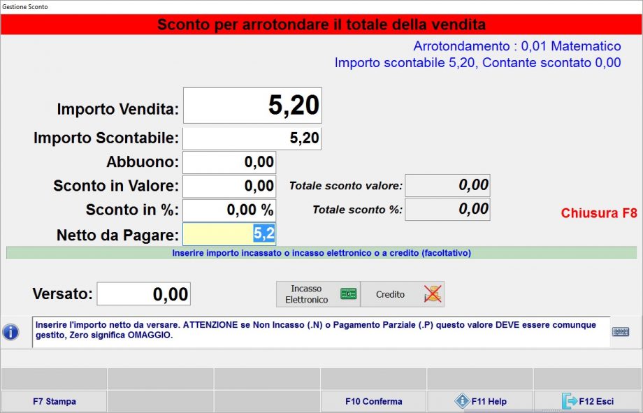 Schermata Gestione resto